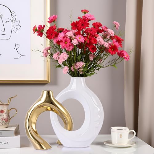 LCCCK White and Gold Ceramic Vases for Home Decor, Boho Vase for Flowers Pampas Grass Decorative, White Gold Hollow Donut Small Vase for Living Room Table Wedding Centerpiece Modern Vases - color: White and Gold