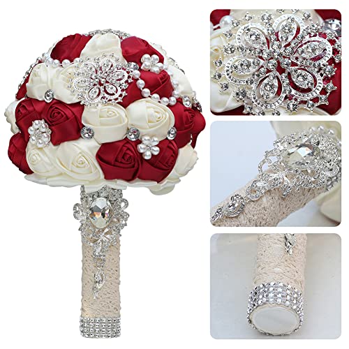 Sharebeauty 7.9 Inch Handmade Satin Rose Bridal Bouquet Toss Round Wedding Bouquet Throw Toss Artificial Flower Bunch Dark Red + Ivory - color: W3217d10 Dark Red/Ivory