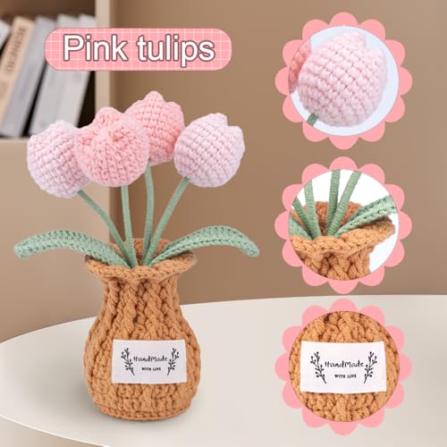 Tulip Crochet Flower Plant, Small Cute Handmade Knitted Flowers with Vase, Small Crochet Potted Artificial Flower Plants for Desk Home Car Dashboard Office Decorations (Tulip-Pink) - color: Tulip-pink