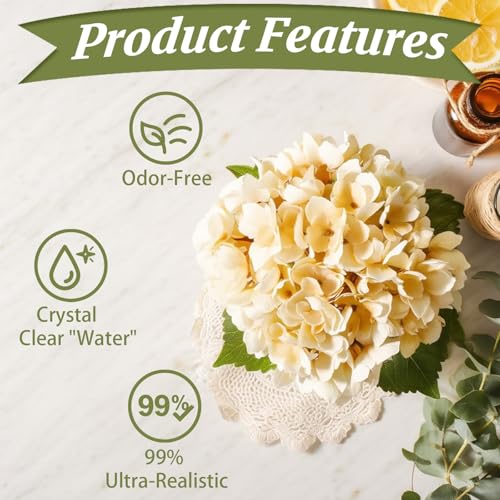 White Artificial Hydrangea Flowers with Glass Vase, Faux Floral Arrangements with Fake Water, Lifelike Hydrangeas Table Centerpieces for Dining Room, Coffee Table, Bathroom Decor - color: D-white