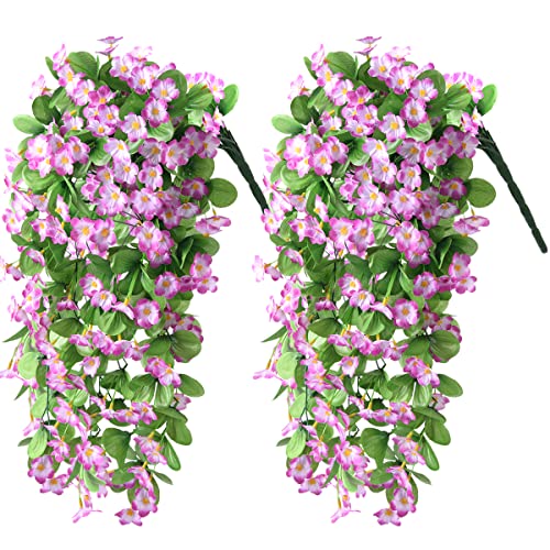 ZFProcess Artificial Fake Hanging Flowers Plants for Outdoor Spring Decoration, 2PCS Faux Silk Violet UV Resistant Look Real Trailing Vines for Outside Home Planter Porch Patio(Violet) - color: Violet