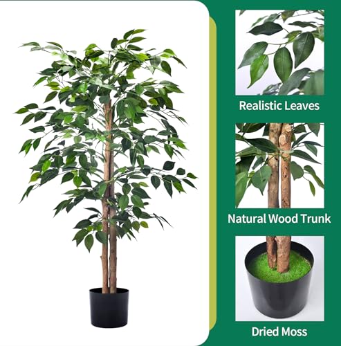 HAIHONG 2Packs 4FT Artificial Ficus Trees with Realistic Leaves and Natural Trunk, Faux Ficus Tree with Sturdy Plastic Nursery Pot, Fake Ficus Tree for Office Home Farmhouse for Indoor Outdoor Decor - color: Ficus Tree, size: 2Packs 4FT