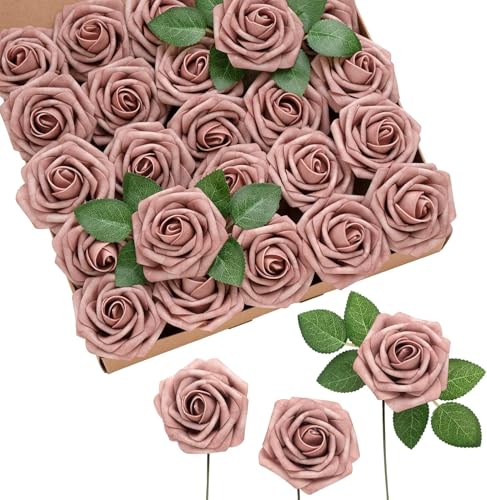 Ling's moment Artificial Flowers 25Pcs Dusty Rose Roses Decor w/Stems,3" DIY Foam Floral for Wedding Bouquet/Centerpieces, Outdoors Party Backdrop, Room/Table, and Garden/Pot Decorations - color: Pk- Dusty Rose, size: 25Pcs