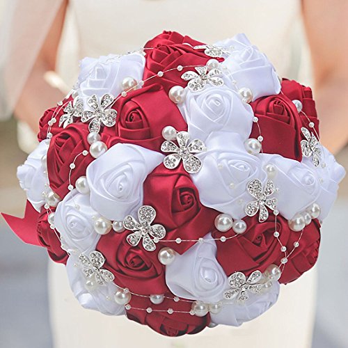 S_SSOY Customizable Romantic Wedding Bouquets Silk Flowers Bridal Holding Roses Bride Bridesmaid Brooch Bouquet with Pearl Diamond Crystal Ribbon Valentine's Day Free Corsage (Wine Red+White) - color: Red+white