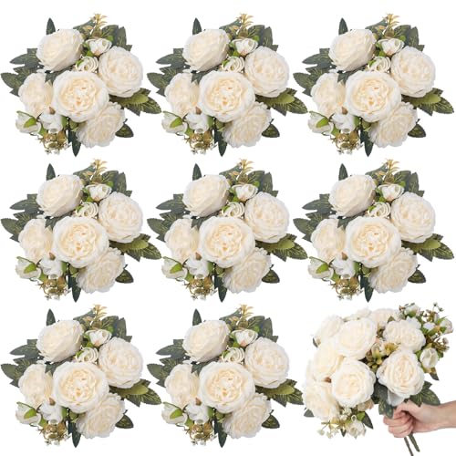 8 Bundles Artificial Peonies Flowers Boho Faux Flowers Arrangements Artificial Centerpiece Spring Bouquet Floral Wedding Decoration for Vase(Milk White) - color: Milk White