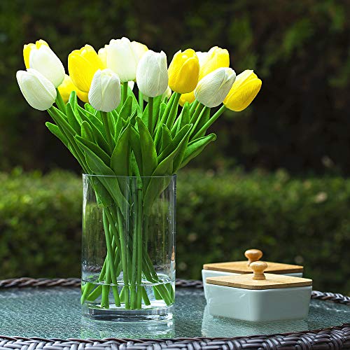 20 Pieces Artificial Real Touch Tulips Flower Arrangement in Glass Vase with Faux Water for Home Decoration (White Yellow) - color: White Yellow