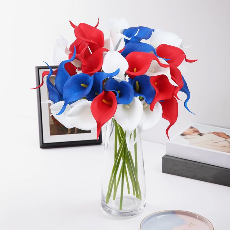 24 Pcs Patriotic Calla Lily Flower 4th of July Artificial Flowers Fake Blue White Red Silk Flowers Real Touch for Independence Memorial Day - color: Red-blue-white