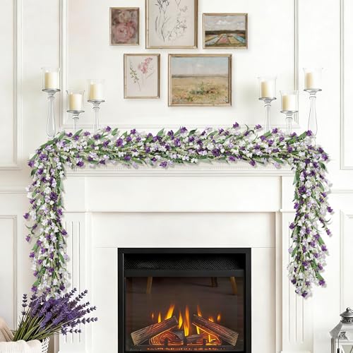 6ft Spring Summer Flower Garland, Artificial Floral Vine for Wall Backdrop Mantle Fireplace Stair Table Wedding Arch, All Season Home Door Porch Decor (Purple) - color: Purple