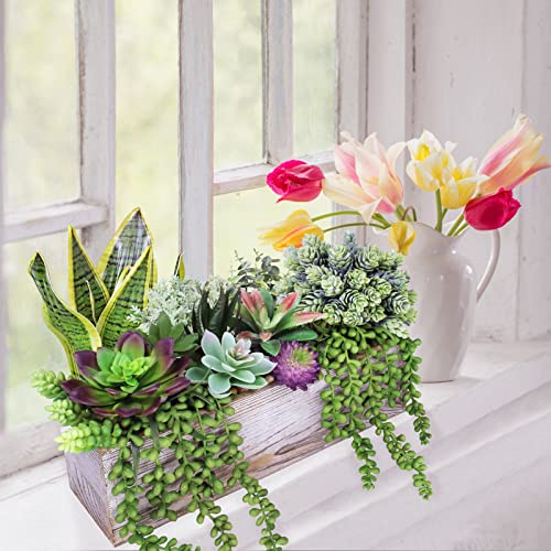 14 Pcs Assorted Artificial Succulents Fake Plants in Rectangular Wooden Pots Artificial Potted Succulents Plants Arrangement for Table Centerpiece Windowsill Shelf Mantel Tropical Greenery Decor