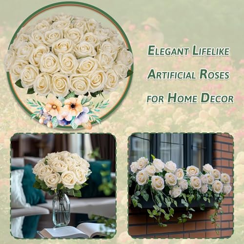 100 PCS Fake Champagne Roses, Artificial Champagne Flowers Bulk Realistic Silk Faux Rose with Stems for Wedding Decoration Anniversary Bridal Bouquet DIY Floral Arrangement Romantic Home Decor Gifts - color: Champagne, size: 100 Pcs