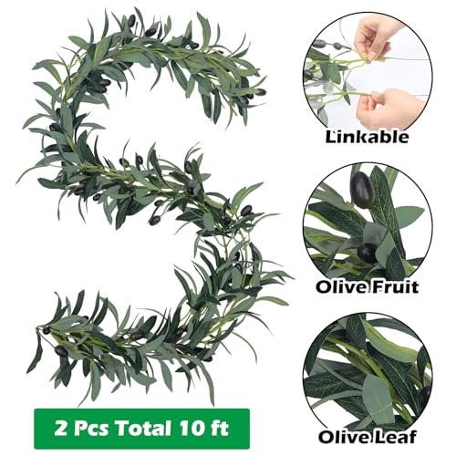 Giegxin 2 Pcs Total 10 ft Artificial Olive Leaf Vine Artificial Garland Hanging Green Vine with Fake Fruits Greenery Olive Leaves Decor for Wedding Backdrop Home Office Garden Wall Door - size: 10 ft