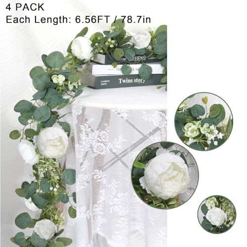 Artificial Flower Garland, Artificial Rose Vine Fake Flower Garland Silk Rose Peony Hanging Vine Faux Floral Garlands for Wedding Party Arch Table Wall Backdrop Decoration (White, 4PCS) - color: White, size: 4PCS