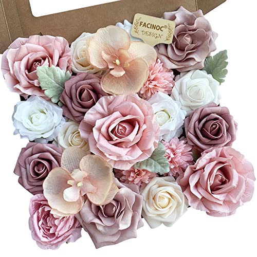 FACINOC Roses Artificial Flowers Pink Bouquet Combo Box Set Fake Flower Bulk for DIY Bridal Wedding Shower Decorations Centerpieces for Table Faux Floral Arrangement for Party Home Decor Indoor - color: Dusty Pink, Mauve