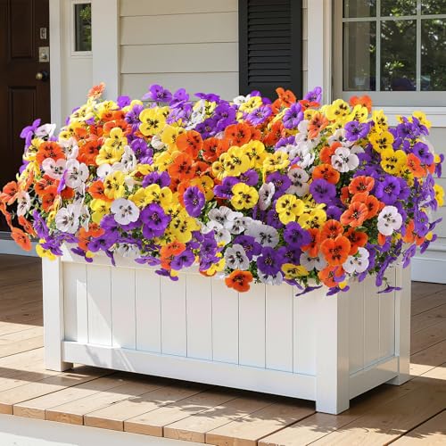 Alupssuc 24 Bundles Artificial Flowers for Outdoors, Fake Spring Flowers for Decoration, UV Resistant Realistic Pansies with Eucalyptus Silk Faux Flowers for Porch Yard, Purple Yellow White Orange - color: Purple, Yellow, White, Orange
