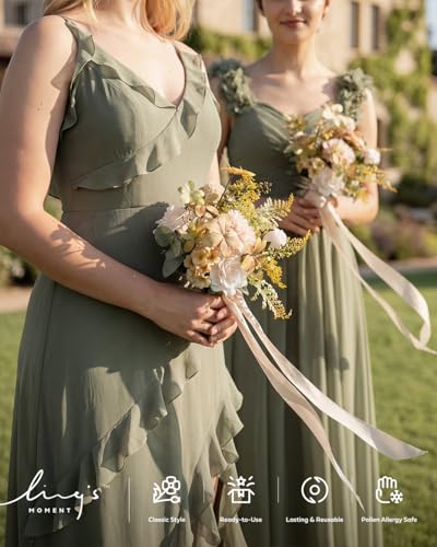 Ling's moment Artificial Bridesmaid Bouquets Set of 6,Sand Beige Wedding Flower Bouquets Pink Floral Bouquet Bridal Bouquets with Ribbon,Ceremony,Anniversary,7-inch Diameter - color: Pk-sand Beige