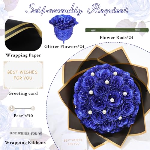 Waipfaru Blue Glitter Roses Bouquet, DIY Fake Flowers Bouquet, Everlasting Shiny Artificial Rose Bouquet for Valentines, Anniversary, Engagement, Wedding, 24 Roses - color: Blue, size: 24pcs
