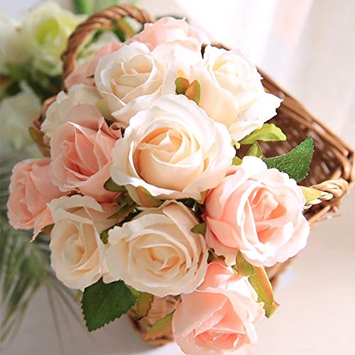 Jasion Artificial Roses Flowers 12 Heads Arrangement Silk Bouquet for Home Office Parties Bridal and Wedding Decoration (Pink with Champagne) - color: Pink With Champagne