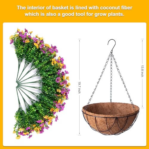 INXUGAO Artificial Silk Spring Flowers Hanging Basket for Outdoor Indoor, Daisy with Eucalyptus Leaves Arrangement for Yard Decor, Faux Green Plant in Metal Coconut Lining Pot(Purple Yellow) - color: Purplish Yellow
