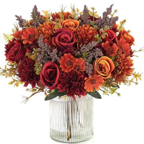 Dremisland Artificial Flowers Like Real Artificial Bouquet 4 Packs Silk Artificial Roses Bouquet with Daisy Chrysanthemum Orange Red Flowers for Centerpiece Table Wedding Party Home Decor - color: Orange&red, size: 4PCS