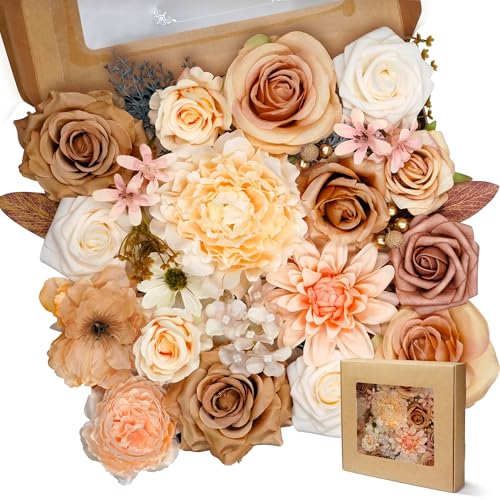 Artificial Flowers Combo Box Set 35pcs Silk Champagne Fake Rose, Peonies with Stem for DIY Wedding Cake Arch Bouquets Baby Bridal Shower Centerpieces Party Wall Home Decorations - color: Yellow, Pink, Champagne,white