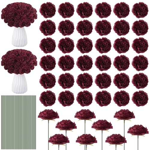 Thiccywoov 200 Pcs Flowers Long Stem Artificial Rose Bulk, 3.2 Inches Silk Rose Head Flowers Faux for Wedding Bridal Bouquet Independence Day Home Floral DIY Centerpieces Party Decoration(Burgundy) - color: Burgundy