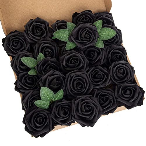 25pcs Artificial Flower Foam Rose Real Touch Roses Flower Heads with Stem for DIY Wedding Bouquets Centerpieces Arrangements Party Baby Shower Home Decor (Black) - color: Black