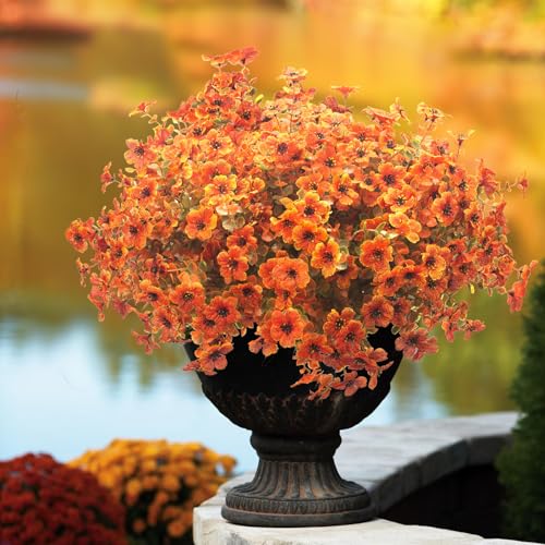 Grunyia 16 Bundles Artificial Fall Flowers for Outdoors Fake Plants UV Resistant Plastic Plants Shrubs Bushes for Home Fall Front Door Porch Garden Autumn Decor (Fall Red) - color: Fall Red