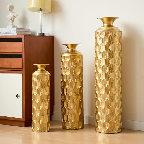 Metal Floor Vases Decorative, Set of 3 Flower Arrangement Stand, Metal Decorative Vase Tall Distressed Metallic Centerpiece Vases with Hexagon Textured, 33.46", 25.59", 19.69" H (Gold) - color: Gold