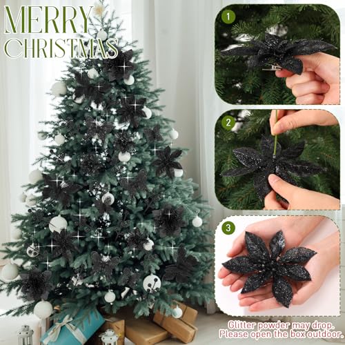 Thiccywoov 122 Pcs Christmas Glitter Poinsettia Artificial Flowers Berry Picks Butterfly Christmas Tree Ornaments 3 Styles Poinsettia kit with Clip for Xmas Wreath Home Tree Decor(Black) - color: Black