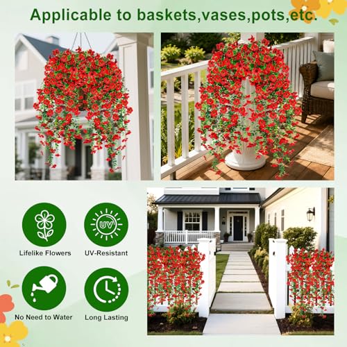 Artificial Hanging Flowers for Outdoors Decorations 2 Pack, Fake Hanging Flowers, UV Resistant Artificial Hanging Plants Outdoors for Home Porch Patio Balcony Baskets Yard(Red) - color: Red