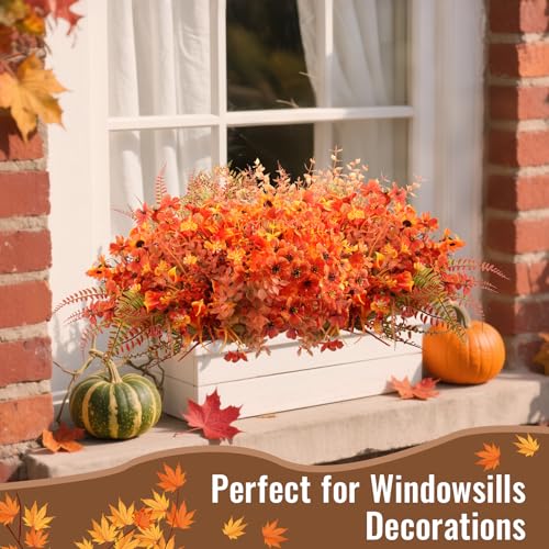 18 Bundles Artificial Fall Flowers for Outdoor Decor - UV Resistant Fake Mums Daisy & Faux Eucalyptus Plants for Indoor，Outdoor Autumn Decorations, Porch, Garden, Fireplace, Thanksgiving Window Box - color: Fall a