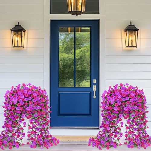 Artificial Hanging Flowers for Outdoors, Fake Hanging Flowers for Decoration, UV Resistant Artificial Outdoor Plants, 4 Pcs Morning Glory for Outdoors Garden Patio Porch Yard Decor, Purple & Fuchsia - color: Purple & Fuchsia, size: 4 Pack