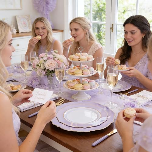 WDF 60pcs Purple Plates Disposable with Gold Rim - Baroque Light Purple Plastic Plates - Lavender Plates for Spring/Wedding/Birthday - color: Purple and White, size: 60PCS