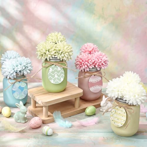 4 Set Spring Table Centerpieces Decoration Spring Mason Jar with Artificial Flowers Wooden Egg Tag Pastel Mason Jar Table Decoration for Home Office Dining Room Kitchen Desk Decor