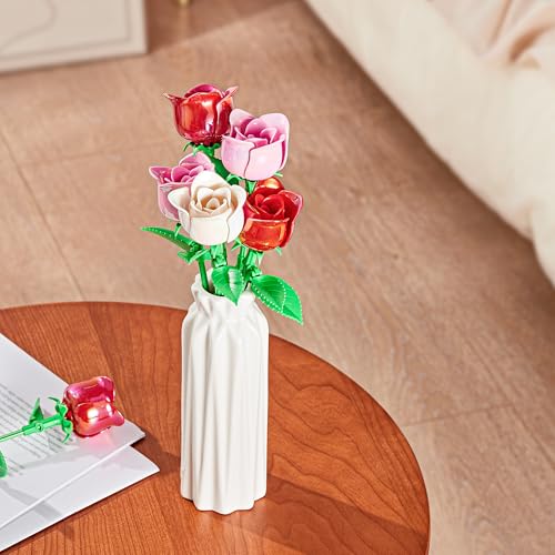 Rose Flower Bouquet Building Set: Artificial Flowers Botanical Collection Blocks Kit for Women Girls Wife Adults Home Decor Thanksgiving Christmas Mother's Day Valentine's Gifts 6-Pack - color: 3 Red & 2 Pink & 1 White