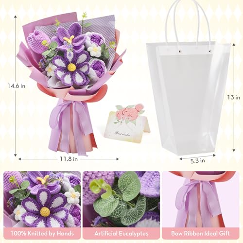 Alecono Crochet Flower Bouquet, Purple Knitted Flowers, Crochet Tulip Galsang Flower for Lover Anniversary Birthday Party Mother's Day Graduation Gifts (Include Card) - color: Purple, size: Large