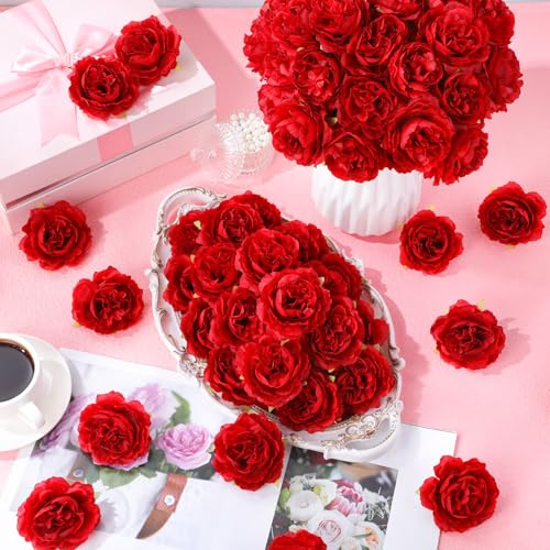 Thiccywoov 200 Pcs Flowers Long Stem Artificial Rose Bulk, 3.2 Inches Silk Rose Head Flowers Faux for Wedding Bridal Bouquet Independence Day Home Floral DIY Centerpieces Party Decoration(Red) - color: Red