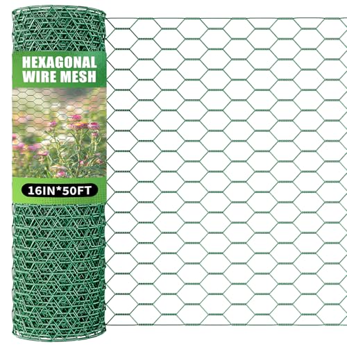 16 x 600 Inches Chicken Wire for Floral Arrangements, Green Chicken Wire, Hexagonal Galvanized Wire Mesh for Poultry Barrier, Flower Arrangement, Crafts and Garden - color: Green, size: 16 x 600 Inches
