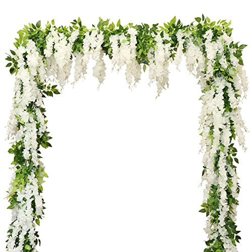 dallisten Wisteria Artificial Flowers Garland, 2Pcs 7.2Ft/Piece Silk Fake Wisteria Vine Kit, Hanging Flower for House Outdoor Garden Ceremony Outside Wedding Arch Floral Decor (2, White) - color: White