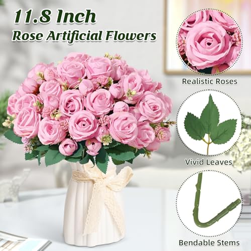 Yastouay Fake Roses Artificial Flowers, 2 Pack Rose Fake Flowers for Decoration, Real Touch Pink Roses Bouquets Silk Flowers for Vase Centerpiece Table Wedding Party Bridal DIY Decor