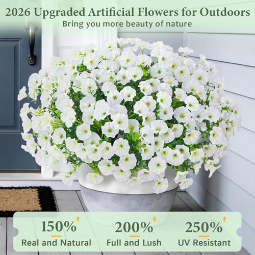 Yastouay Artificial Flowers for Outdoors, 26 Bundles Fake Outdoor Flowers, UV Resistant Artificial Plants & Flowers for Decoration, White Realistic Morning Glory for Outdoor Porch Garden Decoration - color: White, size: 26 Bundles