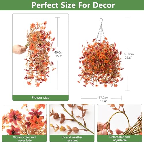 INQCMY Fall Artificial Faux Hanging Flowers Plants Basket for Outdoor Outside Decoration,Fake Silk Daisy in Planter Realistic UV Resistant for Home Porch Balcony Patio Yard Autumn Decor（Orange Brown） - color: Z Orange Brown