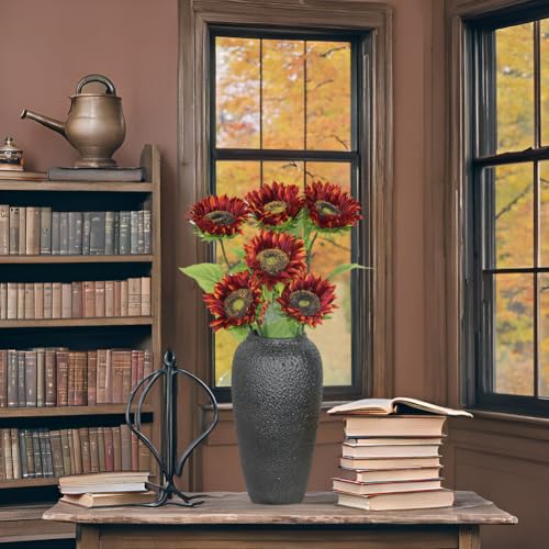 Olrla Long Stem Artificial Sunflowers 6pcs, Red Silk Faux Sunflower for Flowers Arrangement Wedding Bouquet Table Centerpieces Home Office Decoration（NO VASE） - color: Red Long Stem