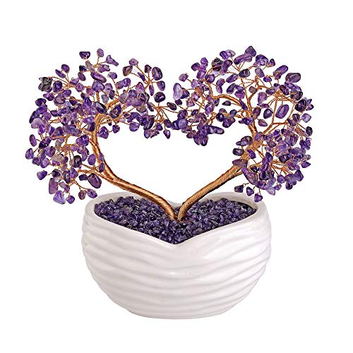 Jovivi Amethyst Crystal Heart Money Tree Healing Gemstone Bonsai Tree for Wedding Ceremony Reiki Balancing Energy Meditation Feng Shui Wealth & Good Luck Home Indoor Office Decor 7.87"-8.26" - color: Amethyst