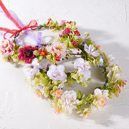 Pink Flower Crown Headband, Artificial Rose Daisy Floral Headpiece, Adjustable Fairy Boho Bridal Flower Crown for Women Girls Renaissance Birthday Wedding Festivals Party Hair Accessories - color: Rose Daisy Pink
