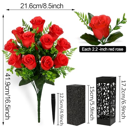 Artificial Cemetery Flowers, Grave Memorial Flowers, Set of 2 Artificial Rose Bouquet with Vase for Cemetery Headstones Gravesites Decoration (Red) - color: Red