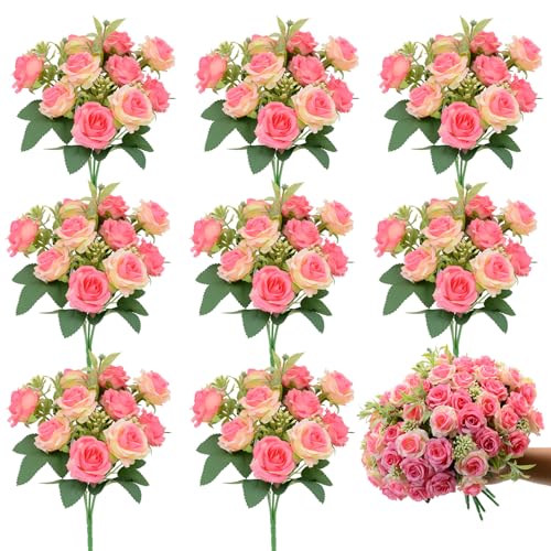 8 Pack Rose Artificial Flowers Bouquet, 10 Small Silk Rose Heads Per Pack, Fake Roses Bunches for Wedding Table Centerpieces Bridal Bouquet Mother's Day Valentine's Day Home Decor, Deep Pink - color: Deep Pink