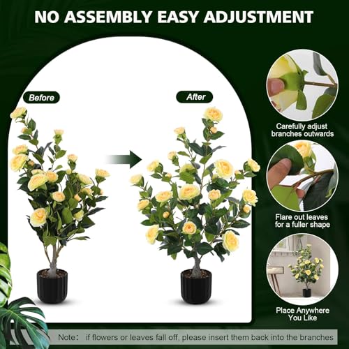 Hananona 2 Pcs Artificial Camellia Trees Faux Camellia Plant in Pot with Flowers Indoor Plants for Spring Home Decor Outdoor Porch Front Door Decor (Yellow, M) - color: Yellow
