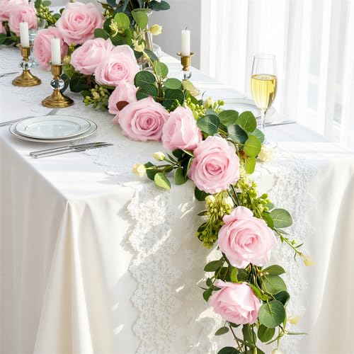 Lewondr Artificial Eucalyptus Garland with Flower - 8 Roses, 6FT Faux Floral Greenery Garlands Fake Flowers Vines, Maintenance-Free for Wedding Table Backdrop Party Centerpiece Room Decor, Pink - color: Pink, size: 1 Pack