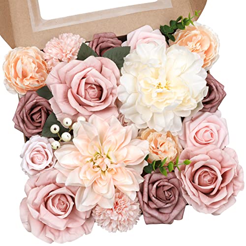 AmyHomie Blush Champagne Artificial Flowers Combo Silk Mix Peony Rose Fake Flowers w/Stem for DIY Wedding Bouquets Centerpieces Arrangements Table Fall Decor Party Bridal Baby Shower Home Decorations - color: Blush Champagne